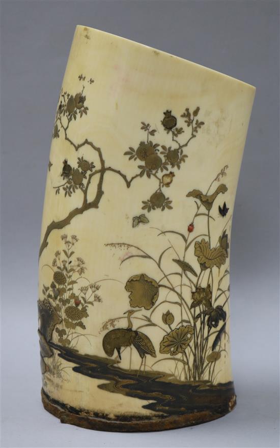 A Japanese Shibayama type ivory tusk vase, Meiji period